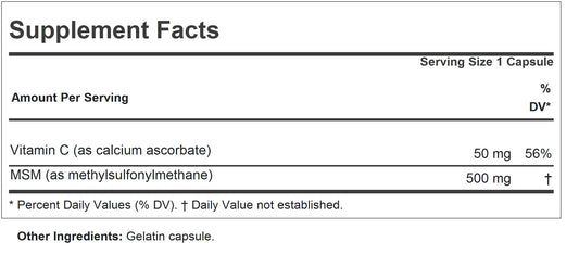 Andrew Lessman Methyl Sulfonyl Methane supplement label showing ingredients and Vitamin C count.