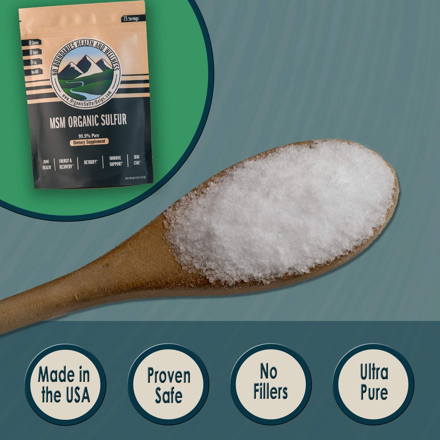 No Boundaries Health and Wellness MSM Organic Sulfur Crystals non GMO and zero additive certification seals