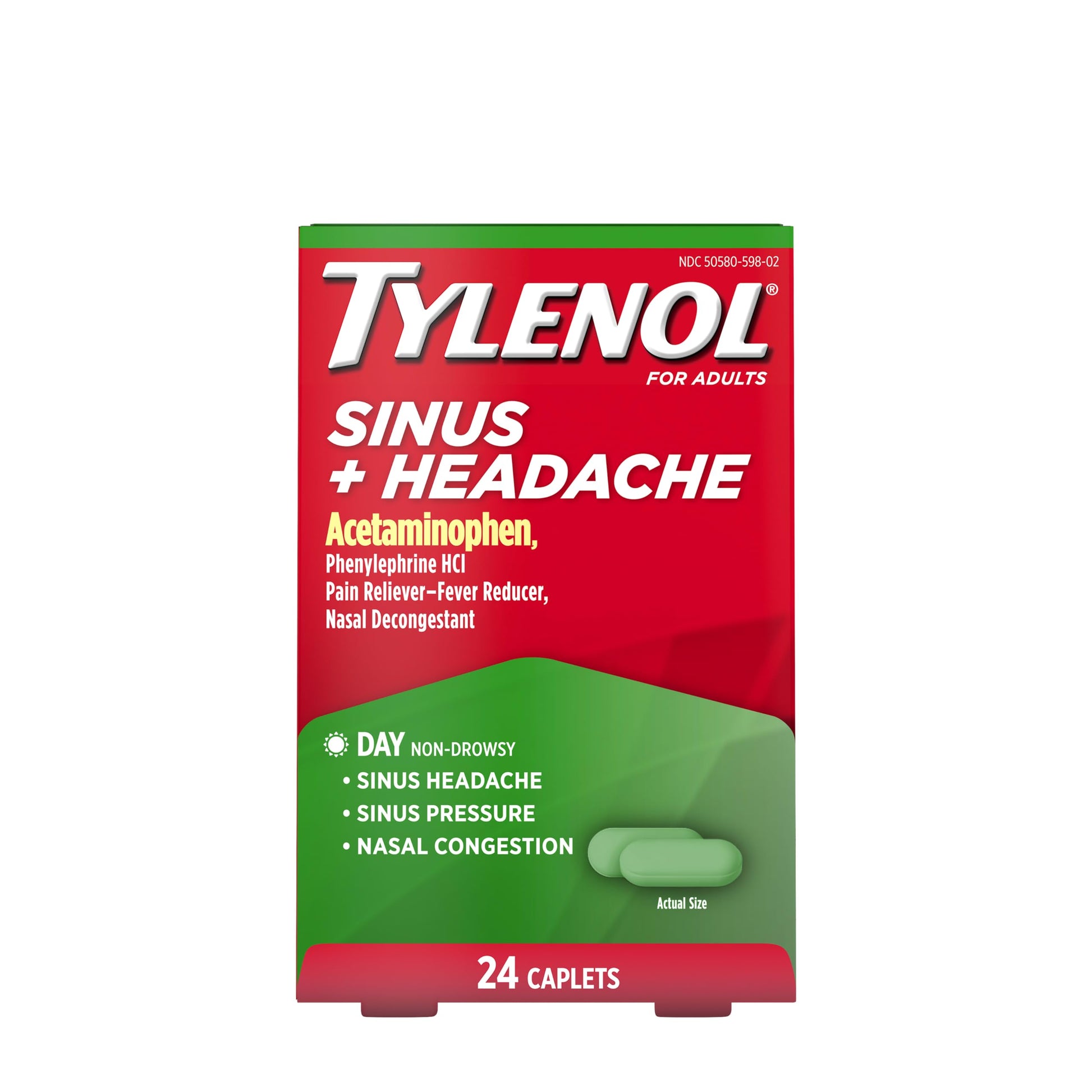 Tylenol Sinus and Headache caplets box branding and information.