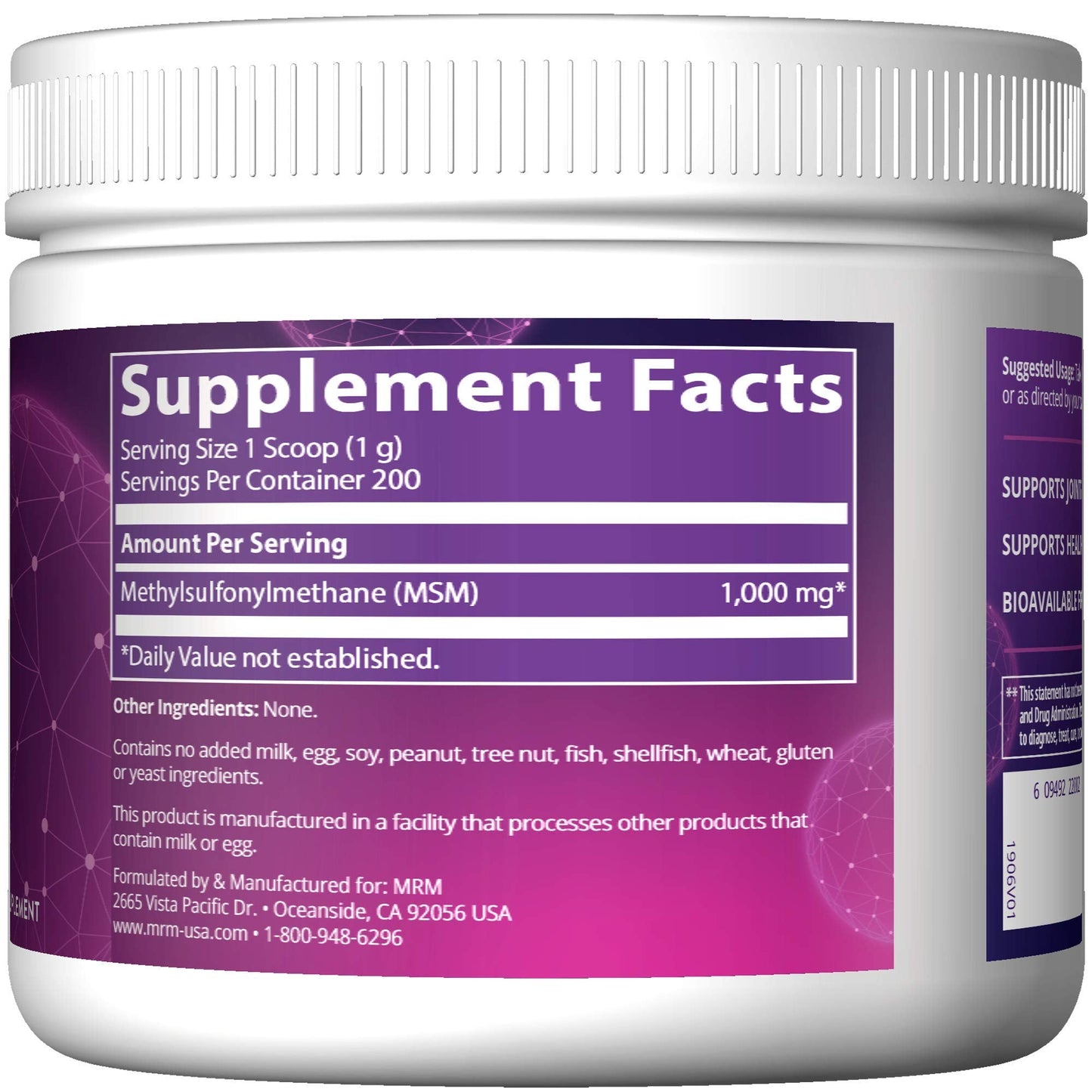 Back label of MRM Nutrition pure MSM powder showcasing dietary supplement facts and vegan certification.