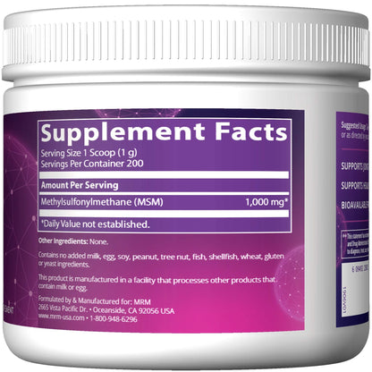 Back label of MRM Nutrition pure MSM powder showcasing dietary supplement facts and vegan certification.