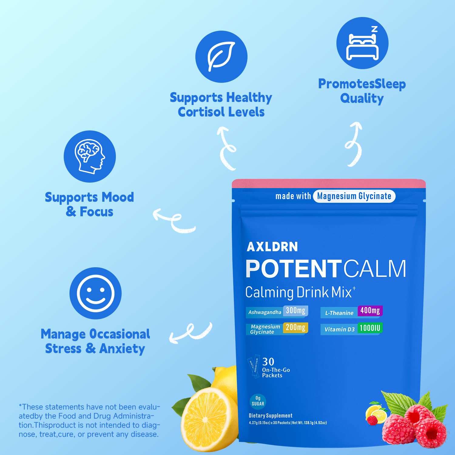 Raspberry lemonade flavored cortisol lowering drink mix single serve packets.