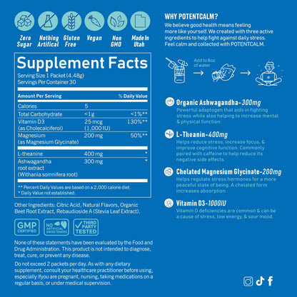 Premium anti stress and sleep support powder with ashwagandha and L-theanine.