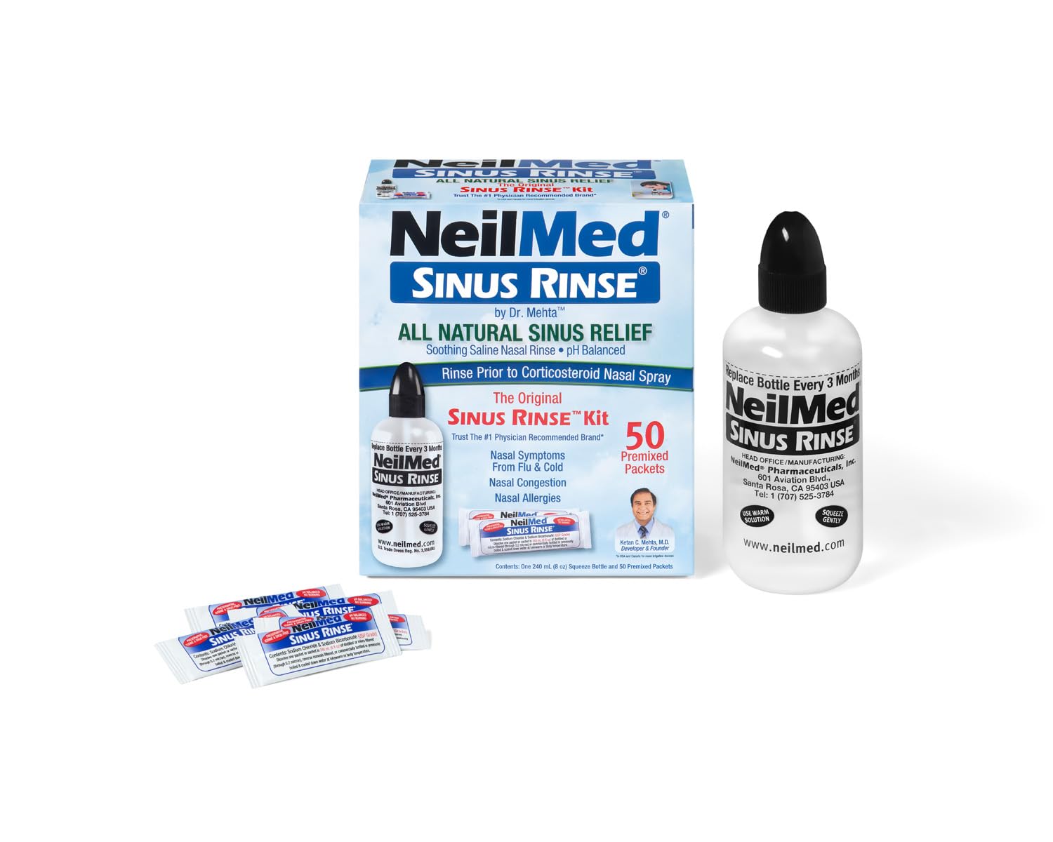 NeilMed squeeze bottle and 50 premixed saline packets