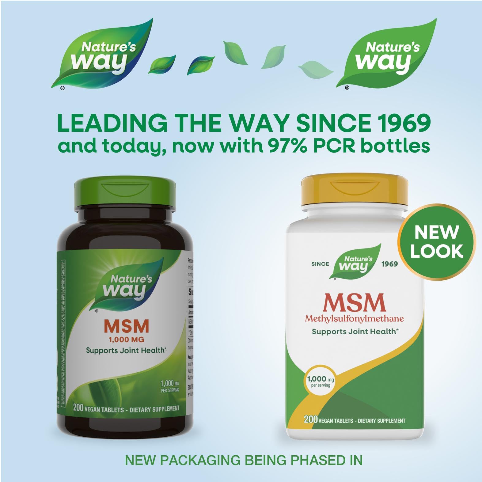 Nature's Way Methylsulfonylmethane Pure OptiMSM 200 vegan tablets bottle angled display for joint mobility