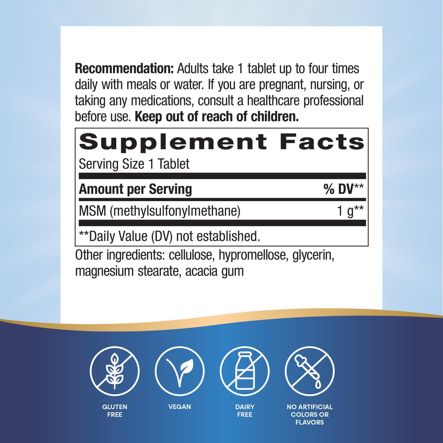 Premium sulfur compound for collagen formation and muscle recovery bottle side label instructions