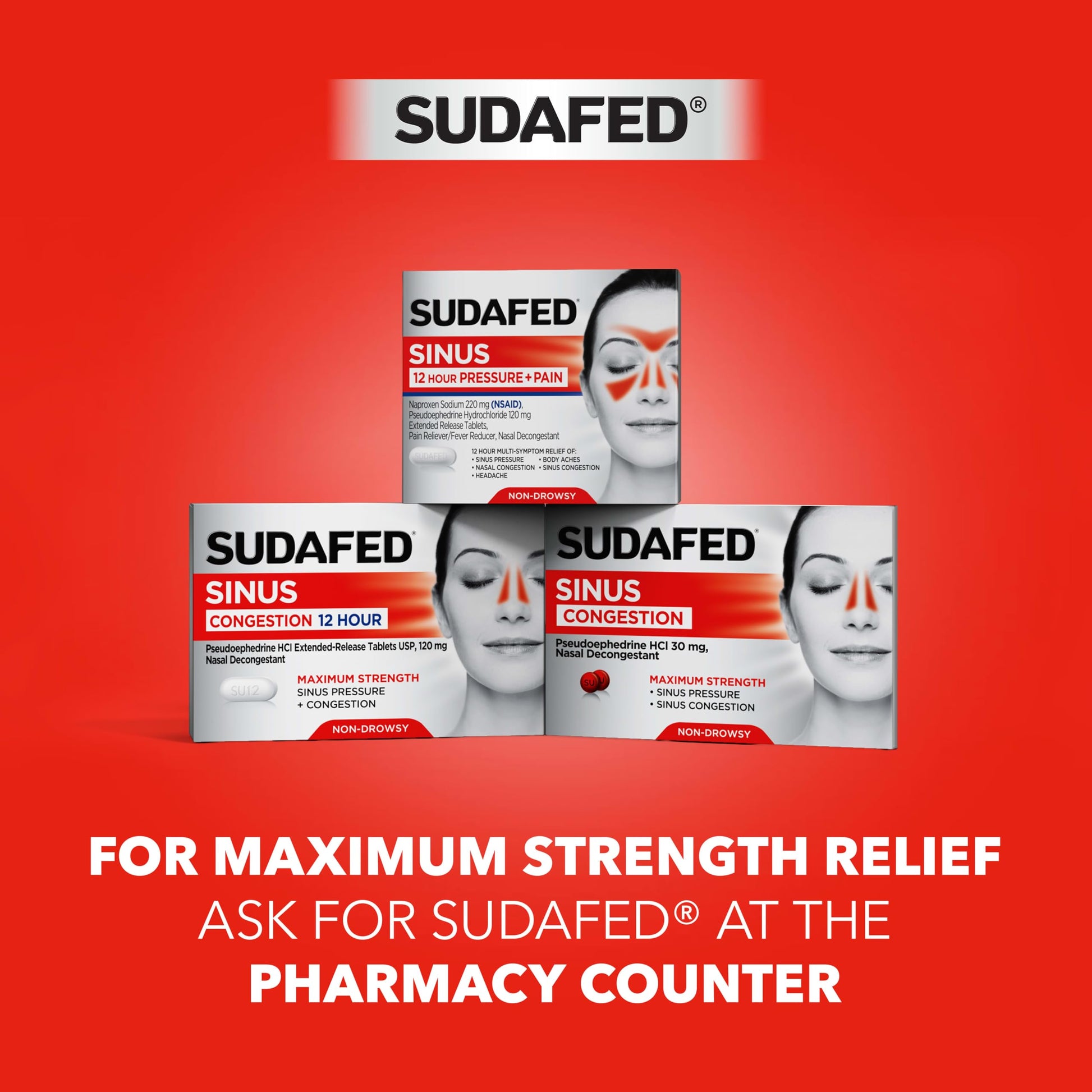 Top view of Sudafed PE sinus relief tablets packaging