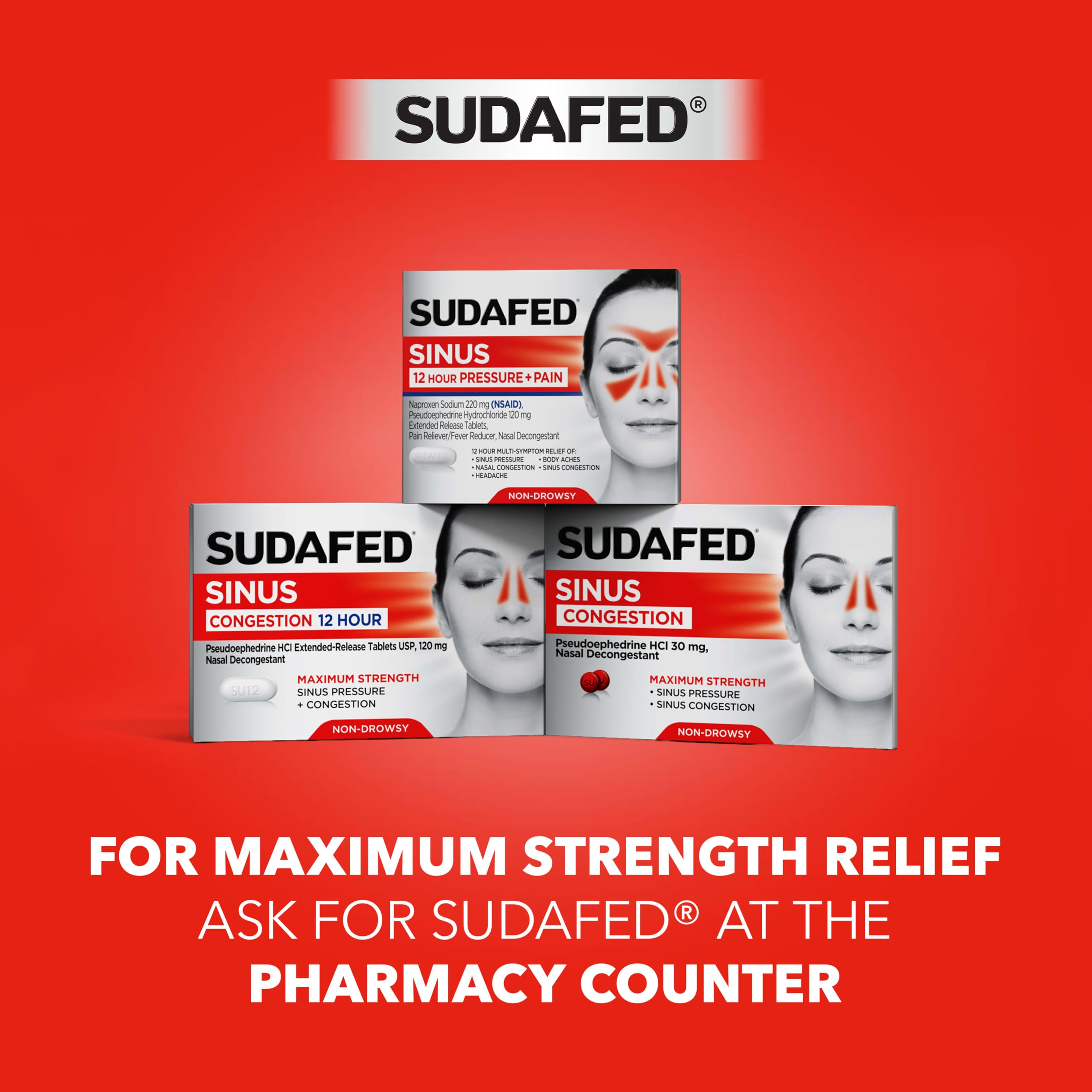 Top view of Sudafed PE sinus relief tablets packaging