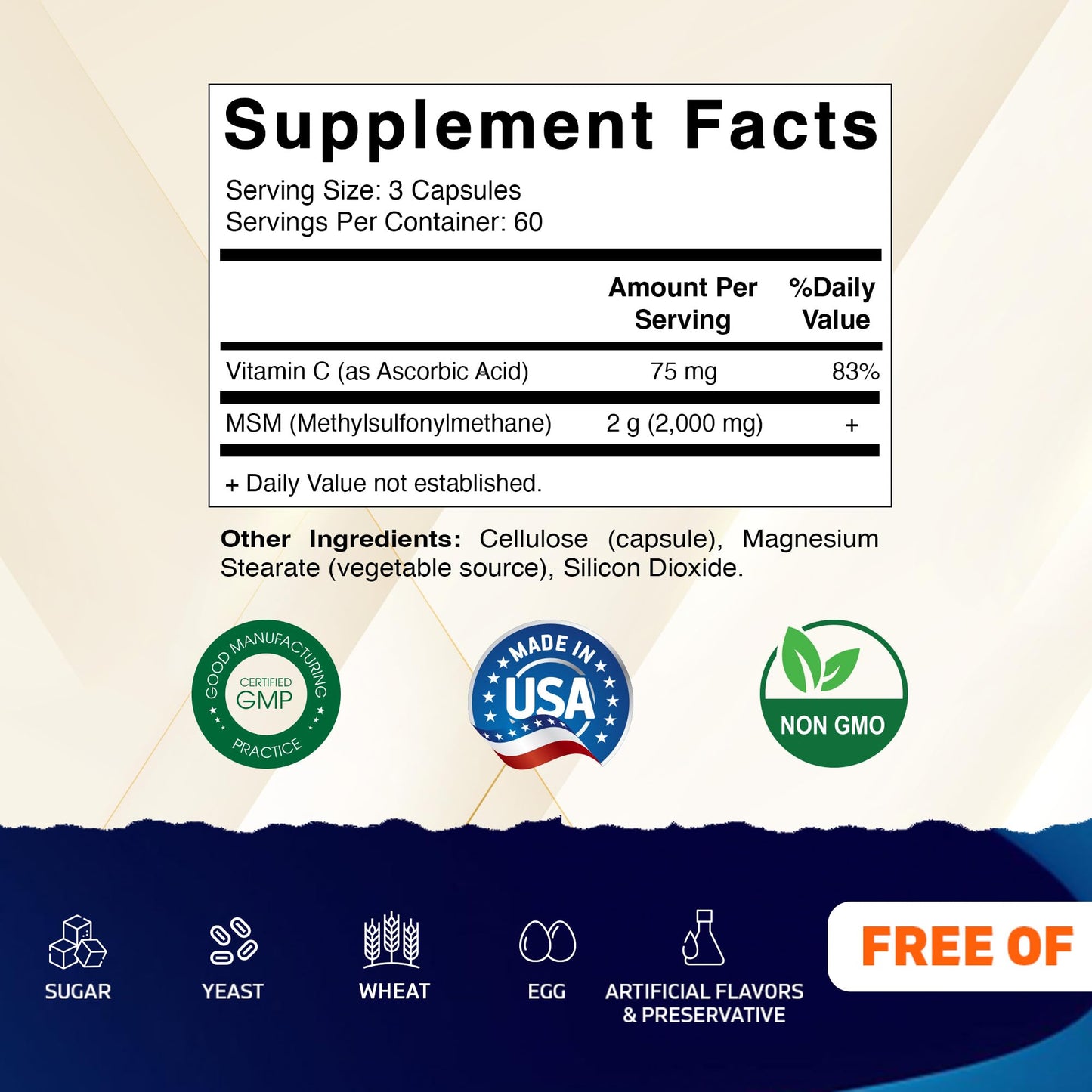 Vitamatic Methylsulfonylmethane dietary supplement bottle showing supplement facts and ingredient list label details