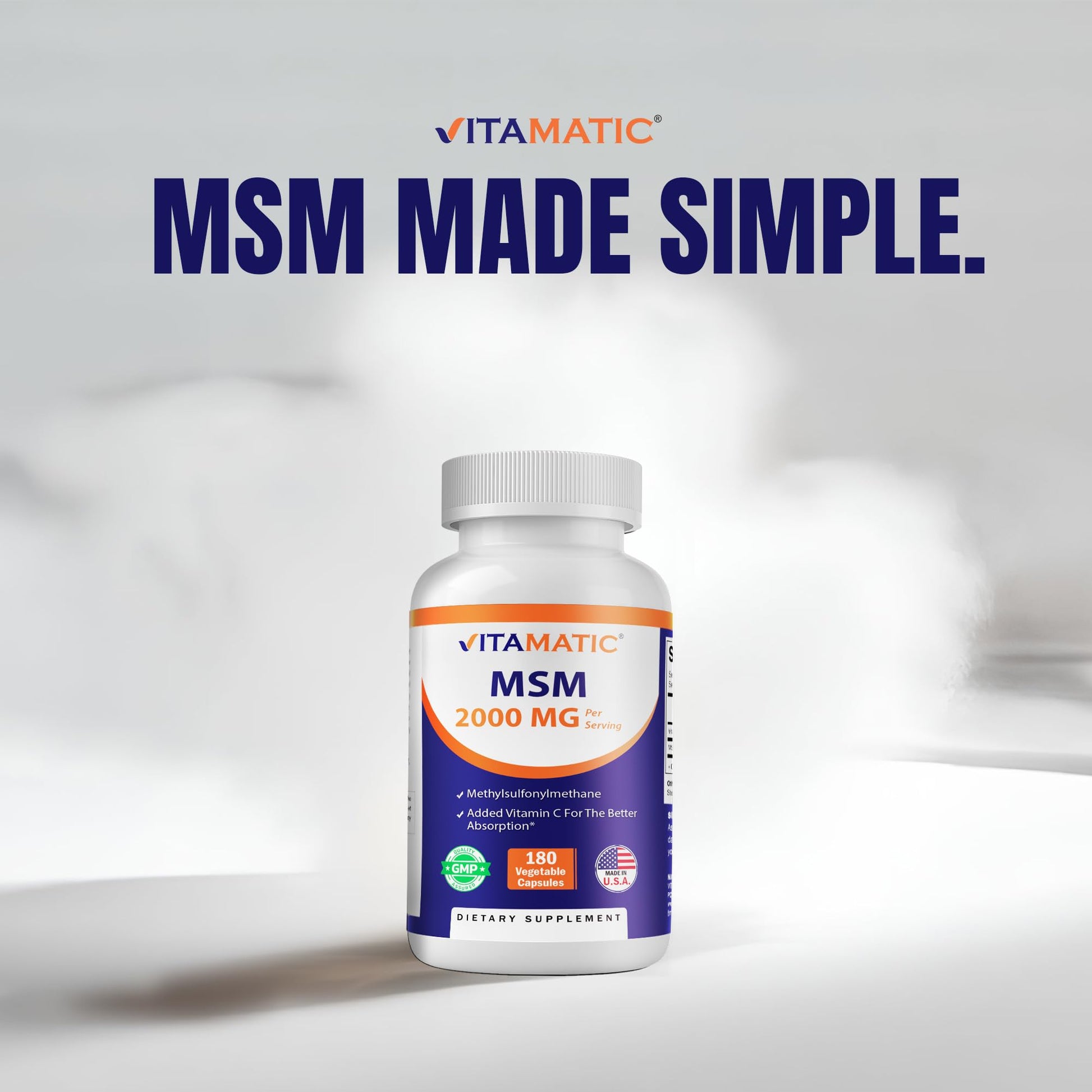 Vitamatic MSM with Vitamin C dietary supplement highlighting superior absorption and manufacturing information