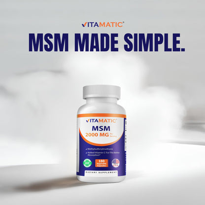 Vitamatic MSM with Vitamin C dietary supplement highlighting superior absorption and manufacturing information