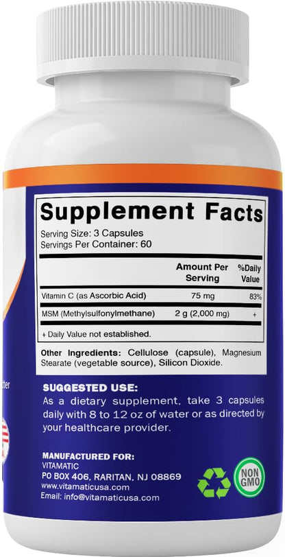 Vitamatic collagen and keratin booster supplement bottle showcasing allergen-free and soy-free product benefits
