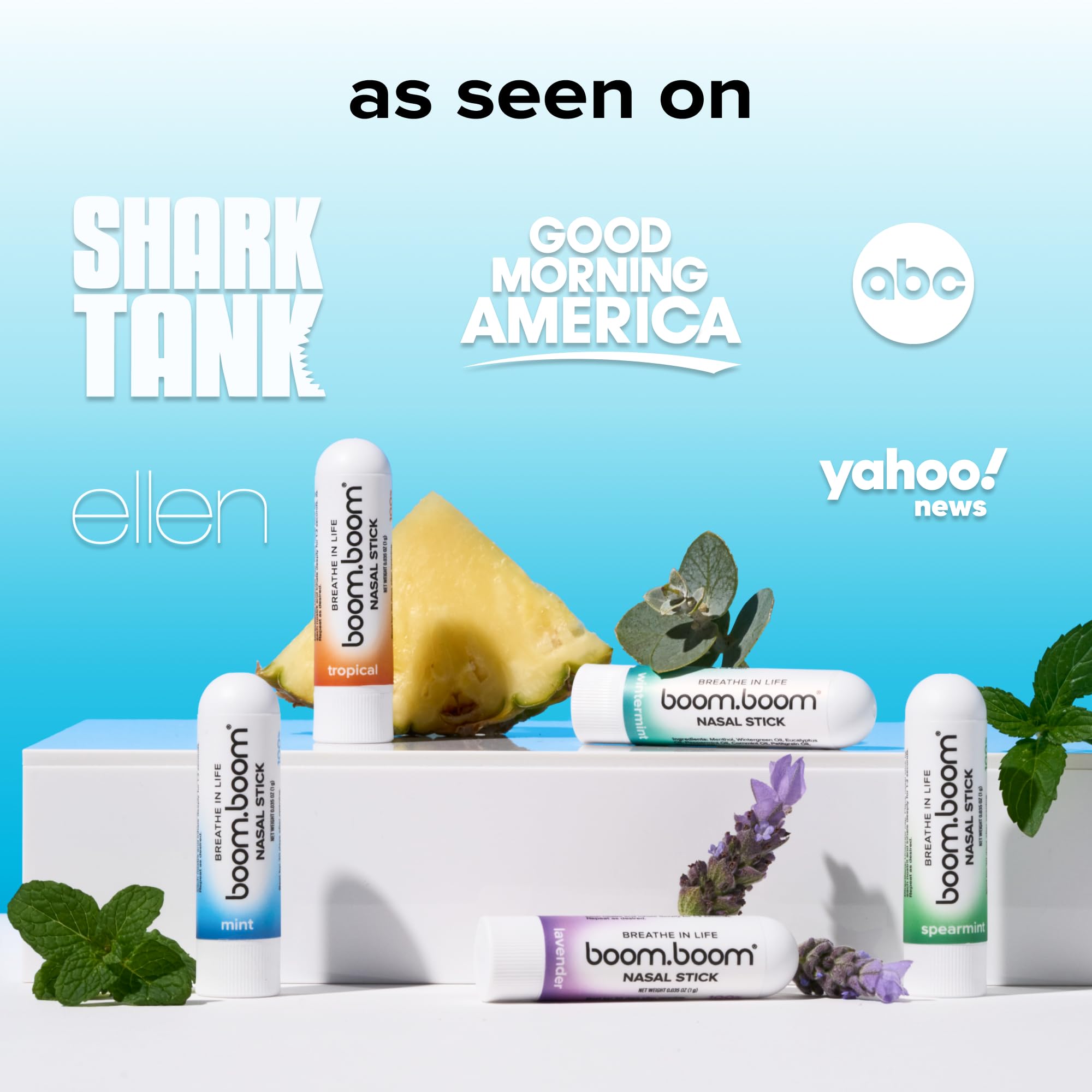 Collection of all BoomBoom nasal stick scent variants side by side