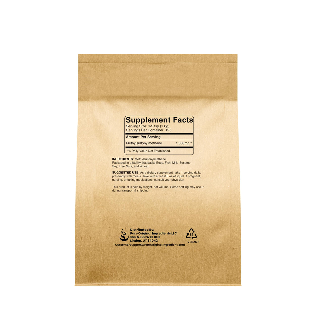 Pure Original Ingredients natural sulfur supplement back label
