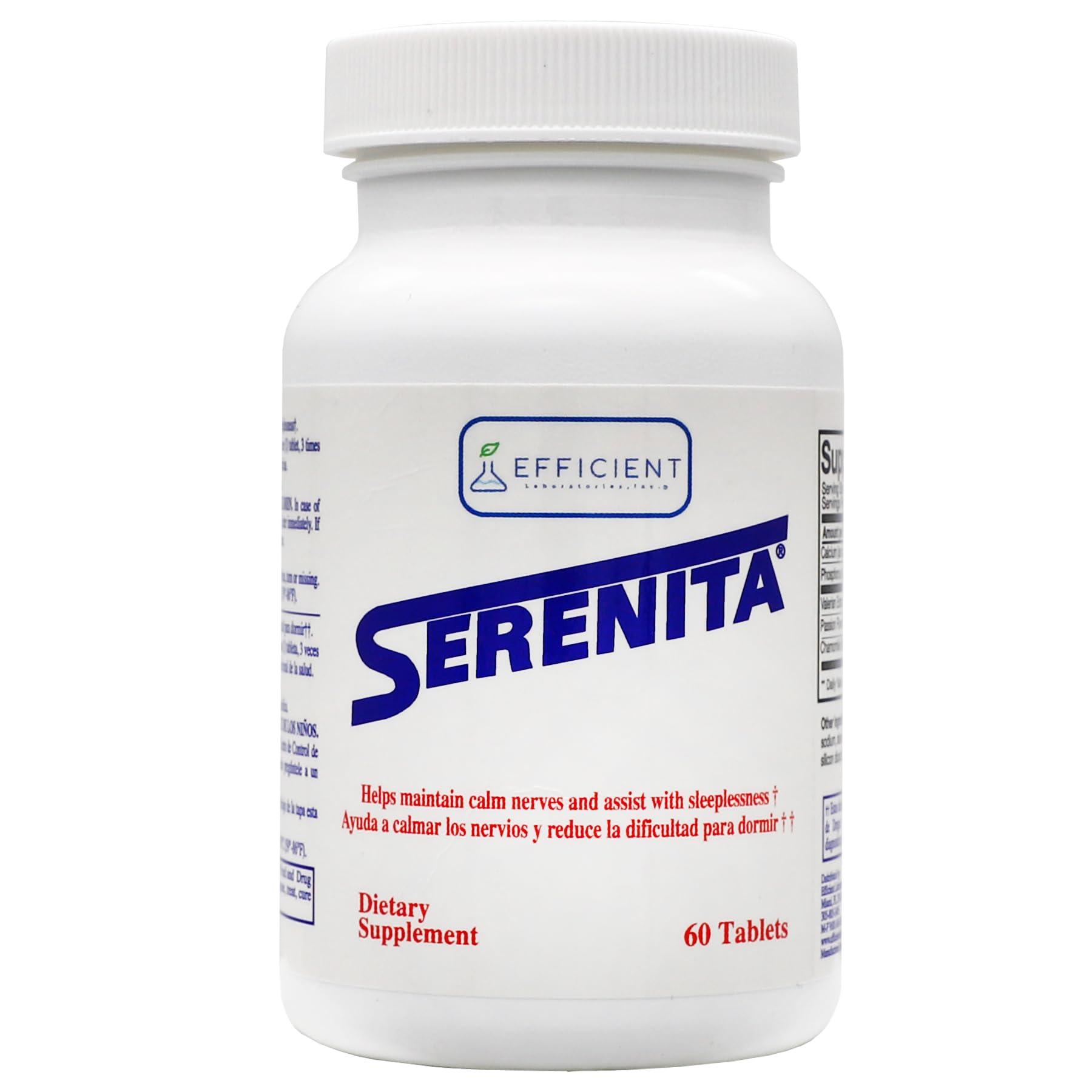 Efficient Laboratories Serenita natural sleep aid ingredients label close up