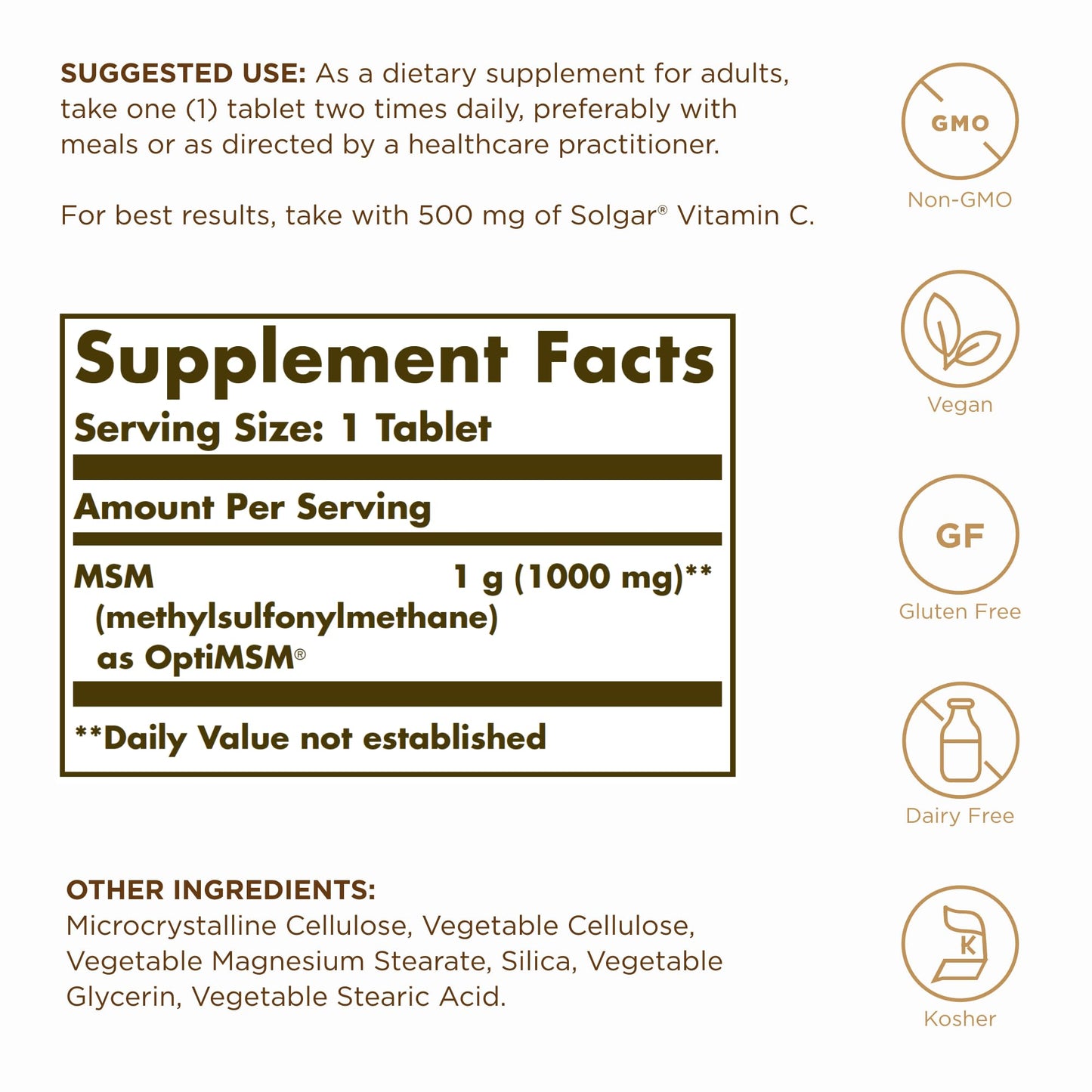 Solgar Methylsulfonylmethane 120 unflavored tablets side label showing ingredients and dietary certifications.