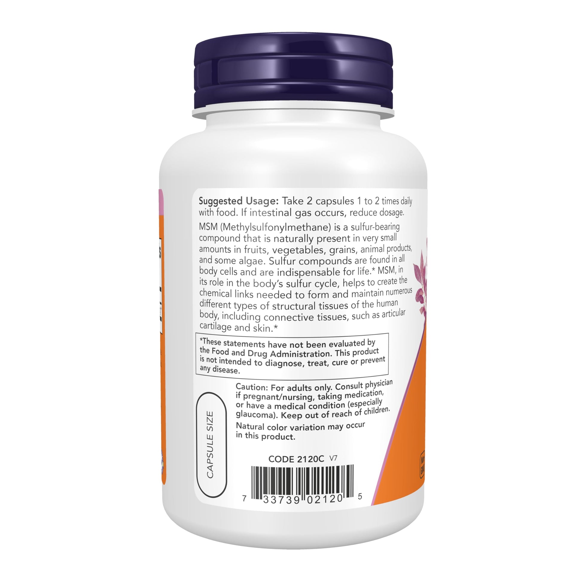 Authentic imported NOW Foods MSM joint health supplement packaging detailing vegetarian capsule count