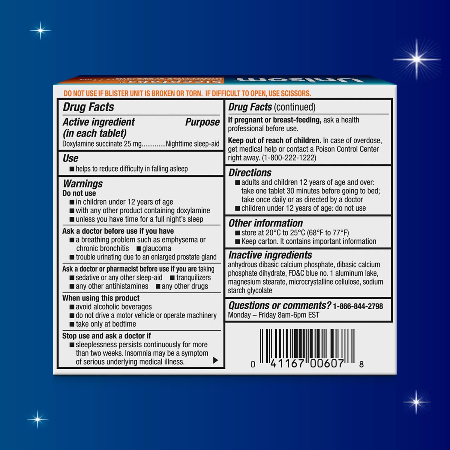 Unisom SleepTabs 16 count box showing the 25mg doxylamine succinate drug facts and strength.