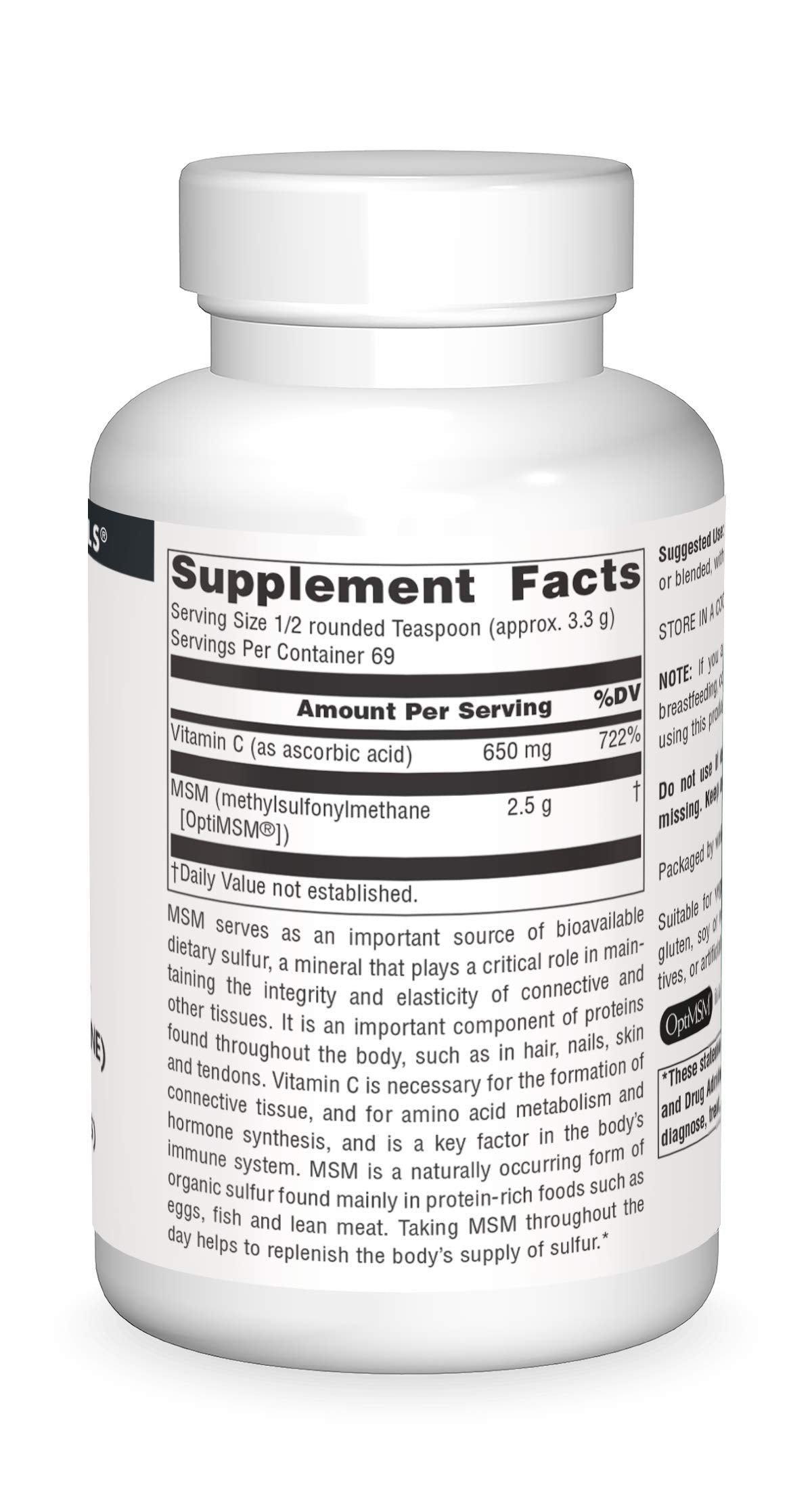 Unflavored MSM powder supplement with vitamin C nutrition facts and ingredients label