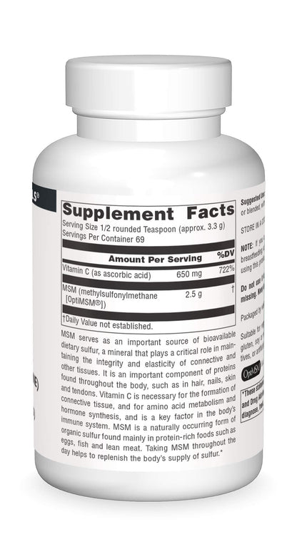 Unflavored MSM powder supplement with vitamin C nutrition facts and ingredients label
