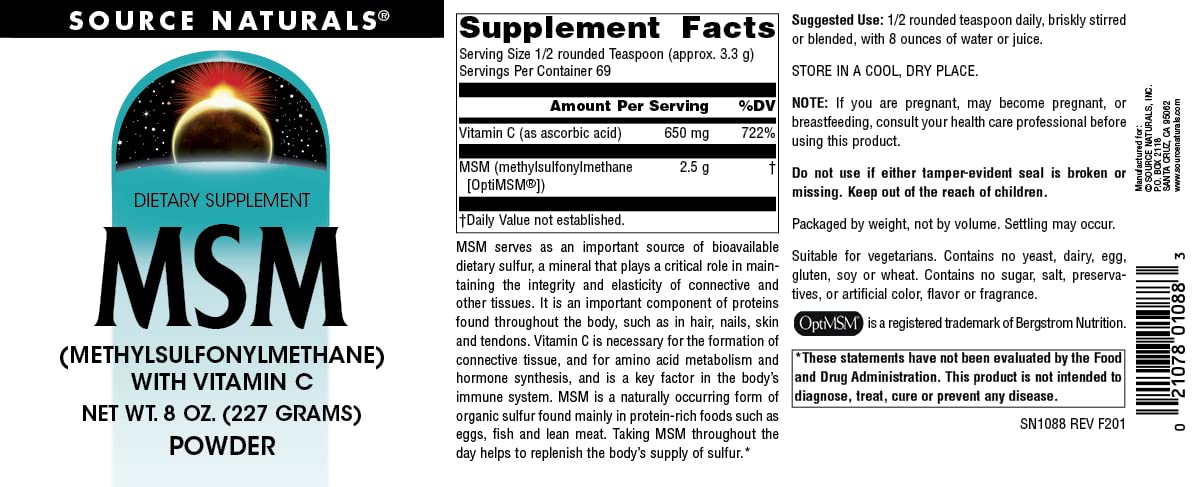 Source Naturals bioavailable sulfur powder close up of vegetarian allergen statement