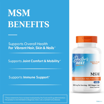 Doctor's Best MSM featuring OptiMSM nutritional supplement bottle showing dosage instructions and dietary labels