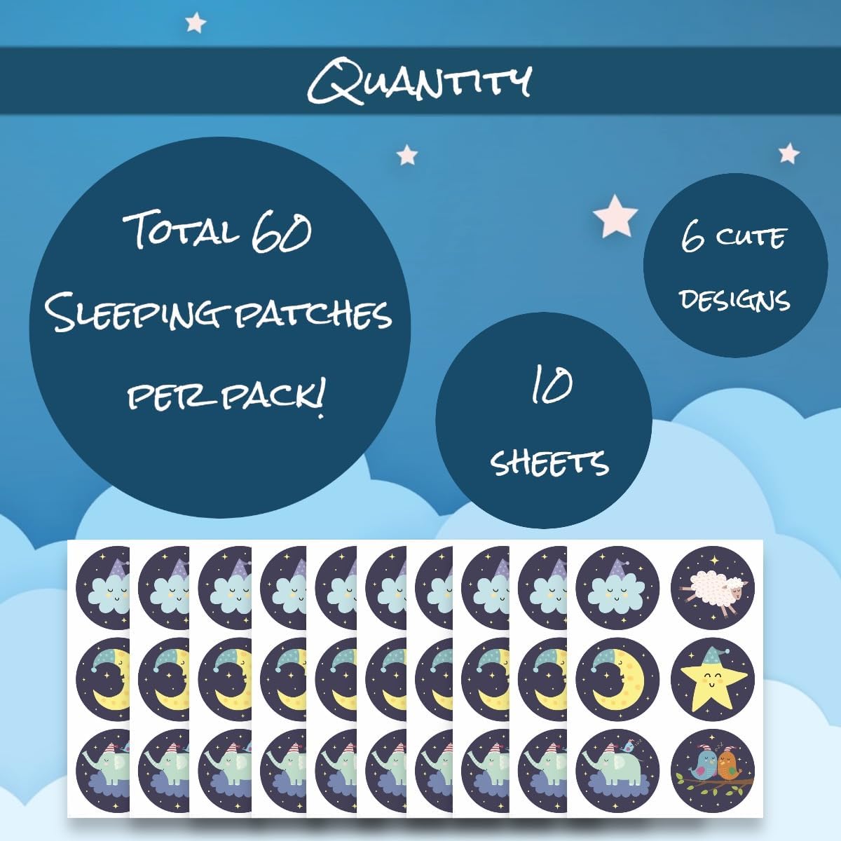 Sixty piece set of round sleepy bedtime stickers featuring moon and star designs for kids.
