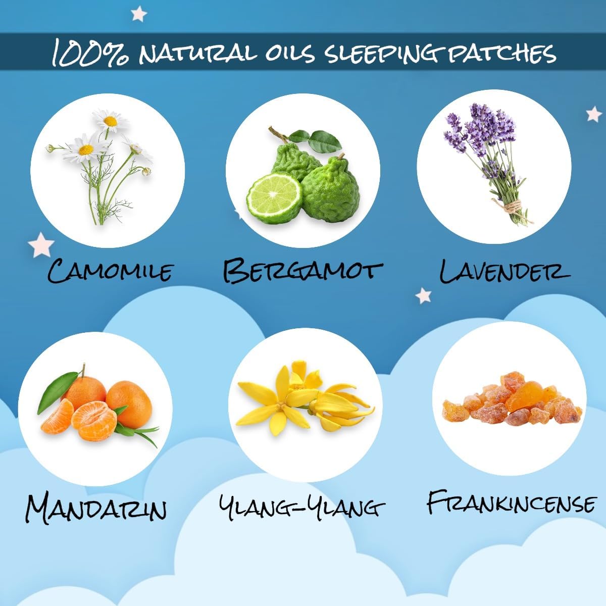 Natural plant based ingredients including lavender and chamomile oils highlighted on sleep patch packaging.