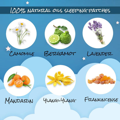 Natural plant based ingredients including lavender and chamomile oils highlighted on sleep patch packaging.