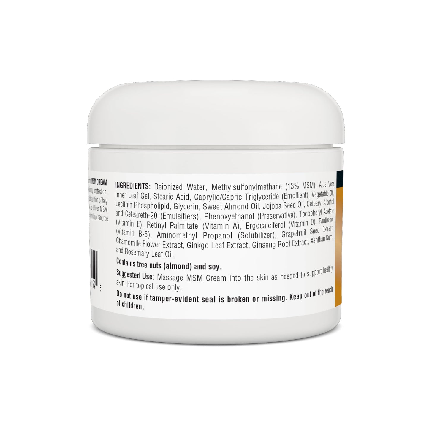 Source Naturals MSM skin lotion ingredient label showing vitamin E and aloe vera.