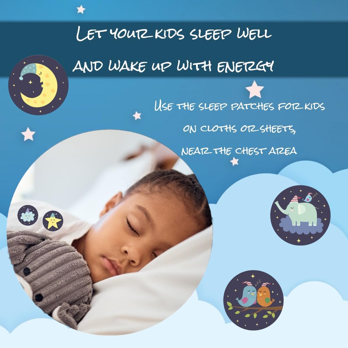 Melatonin free sleep support stickers applied to children pajamas for peaceful nighttime relaxation.