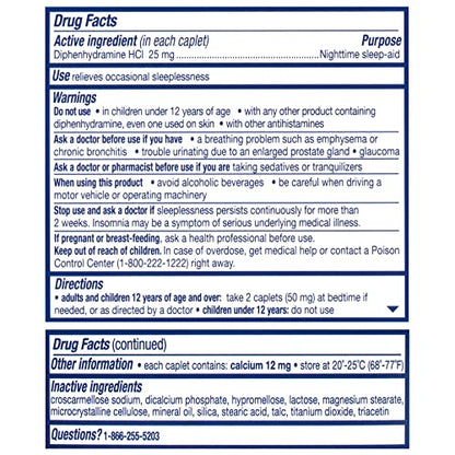 Side view of Nytol Quick Caps 32 Count box displaying important drug facts and dosage details.