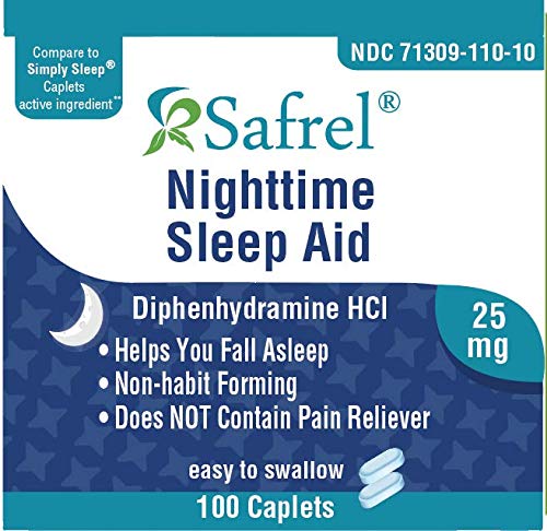 Safrel non habit forming sleeping support supplement packaging detailing active ingredient information.