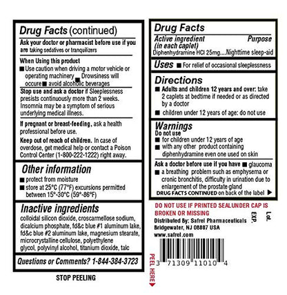 Safrel diphenhydramine hydrochloride 25mg container showcasing the 600 count volume.
