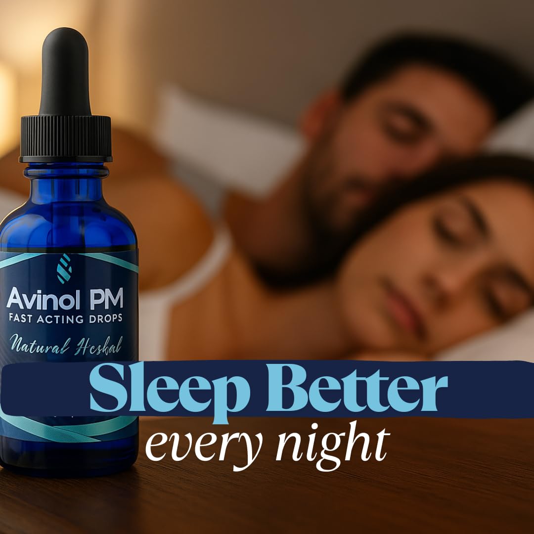 Two fluid ounces bottle of Avinol PM herbal nighttime sleep supplement with dropper