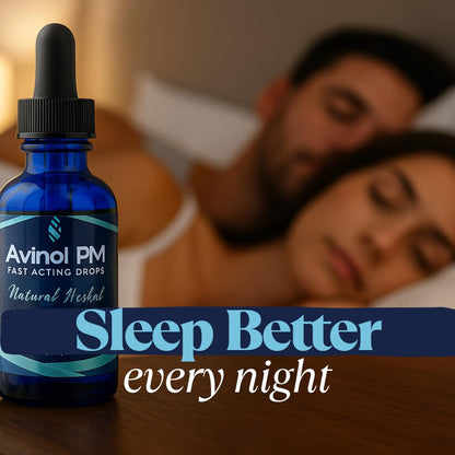 Two fluid ounces bottle of Avinol PM herbal nighttime sleep supplement with dropper