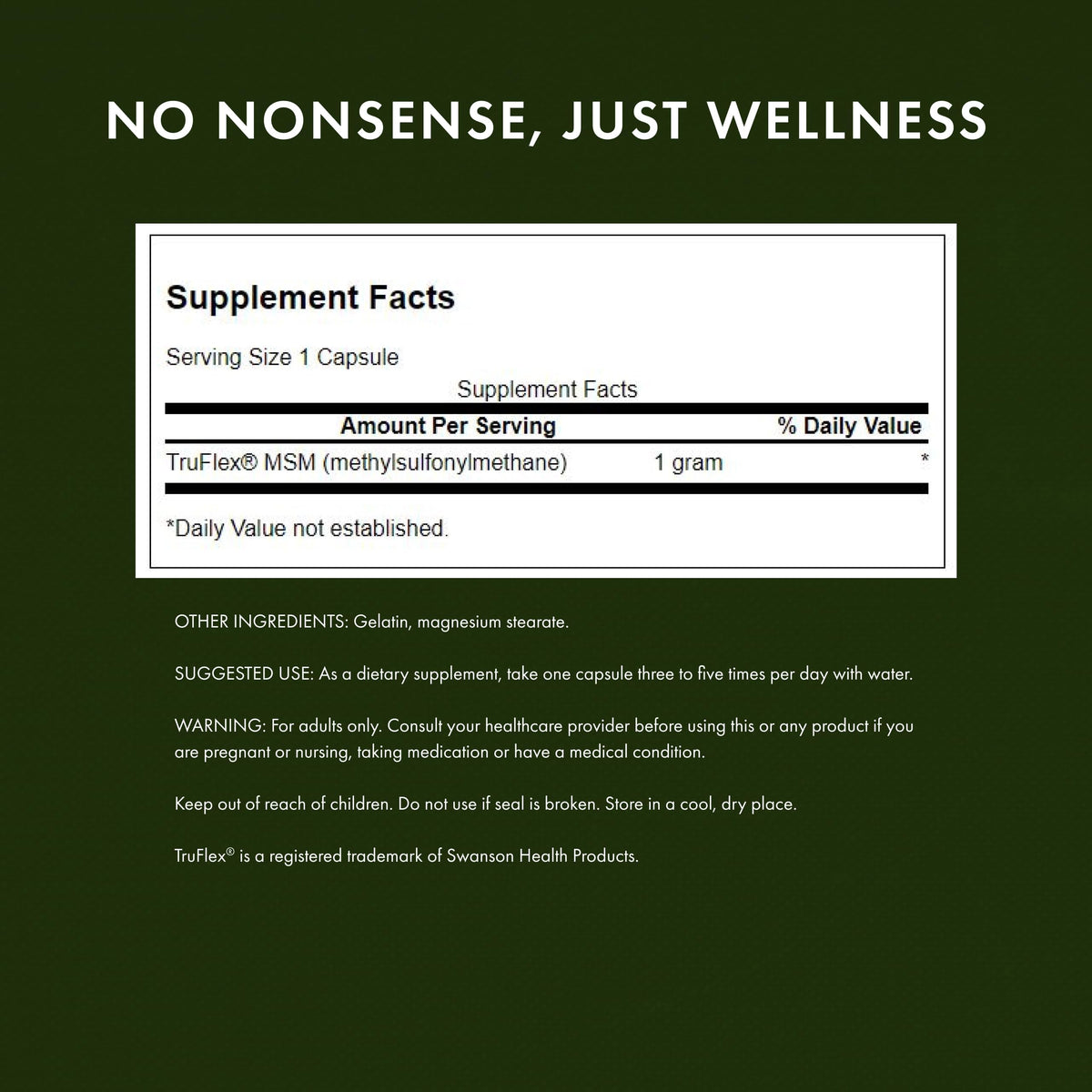 Swanson TruFlex MSM supplement bottle back label details