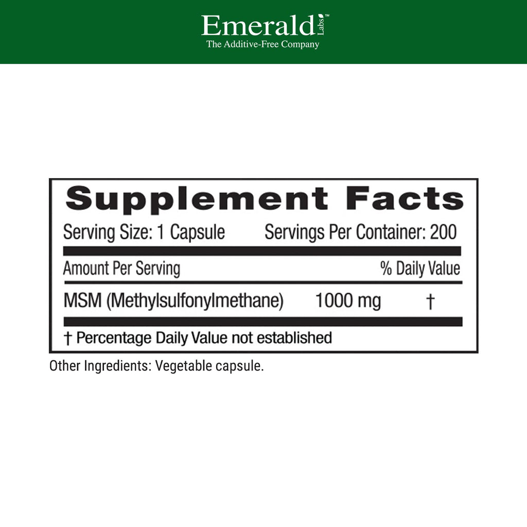 Emerald Labs MSM 1000mg dietary supplement product label back nutritional facts