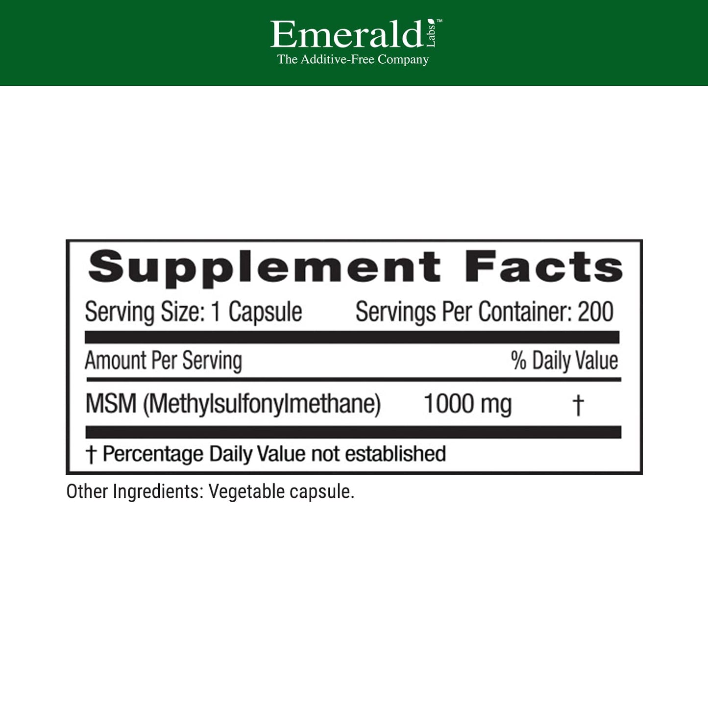 Emerald Labs Methylsulfonylmethane 200 vegetable capsules label details