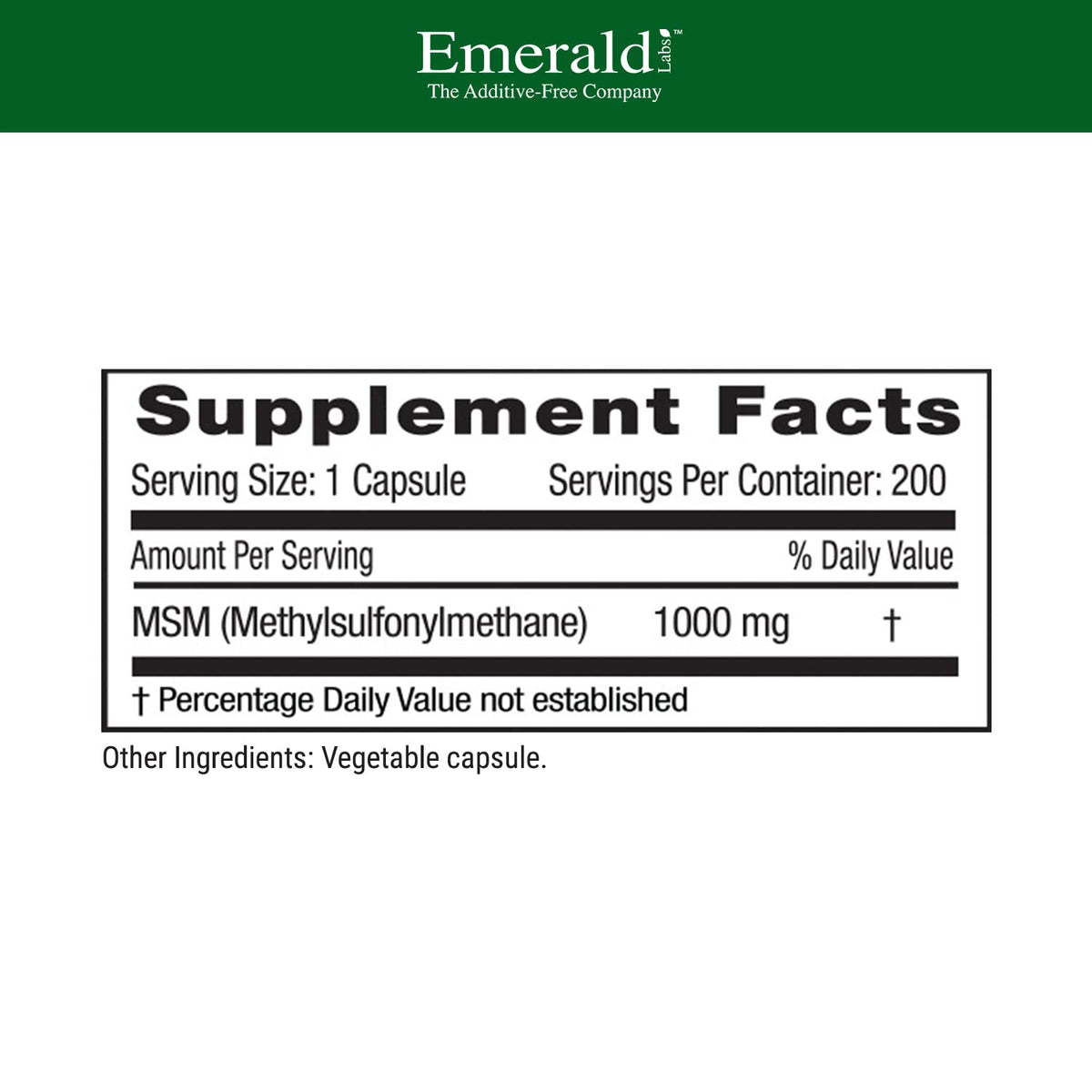 Emerald Labs MSM 1000mg dietary supplement product label back nutritional facts