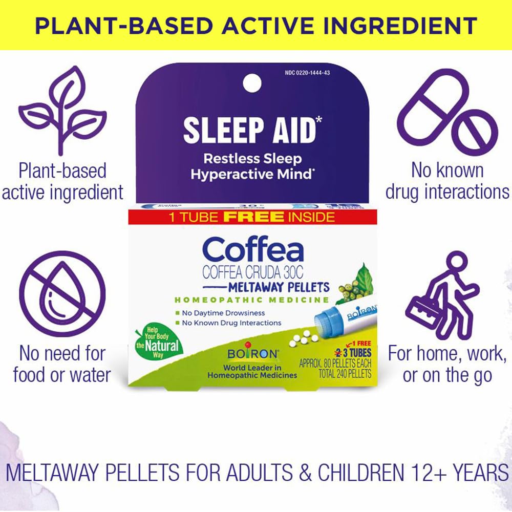 Boiron Coffea Cruda 30C packaging showing melatonin free meltaway pellets details