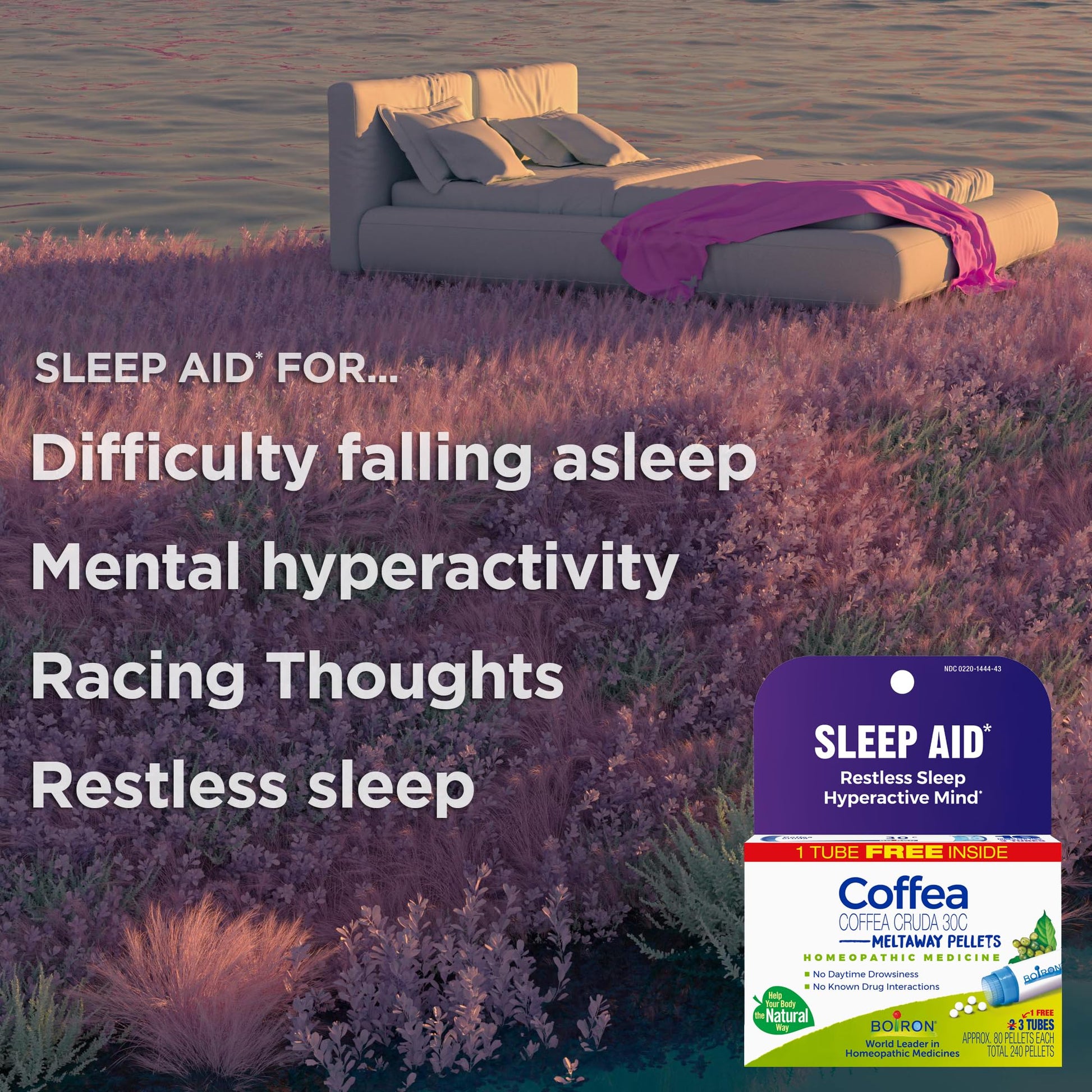 Six blue tubes of Boiron Coffea Cruda sleep aid with nighttime journaling pen