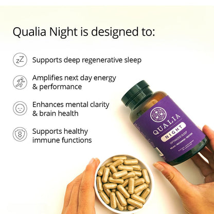 Qualia Life Sciences Qualia Night vegan capsules display alongside premium natural botanical ingredients