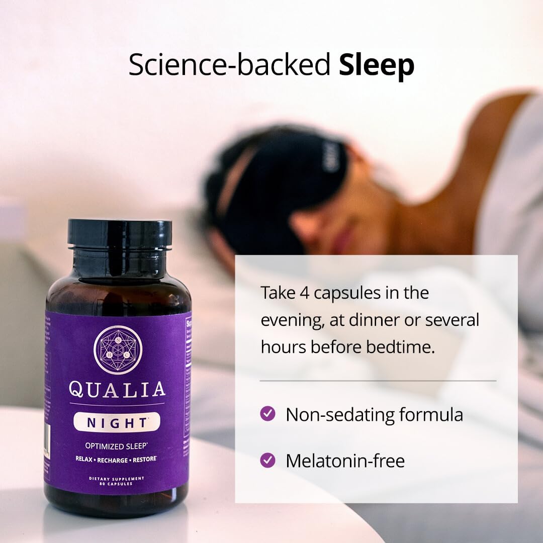 Qualia Life Sciences Qualia Night premium imported supplement bottle showcasing eighty dietary capsules count