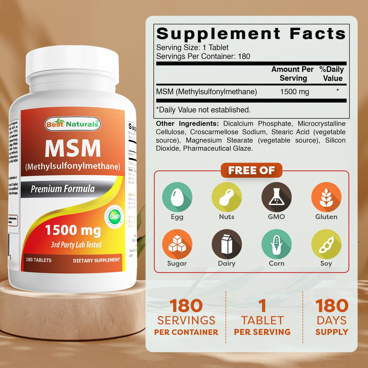 Best Naturals MSM 180 tablets nutrition facts supplement label
