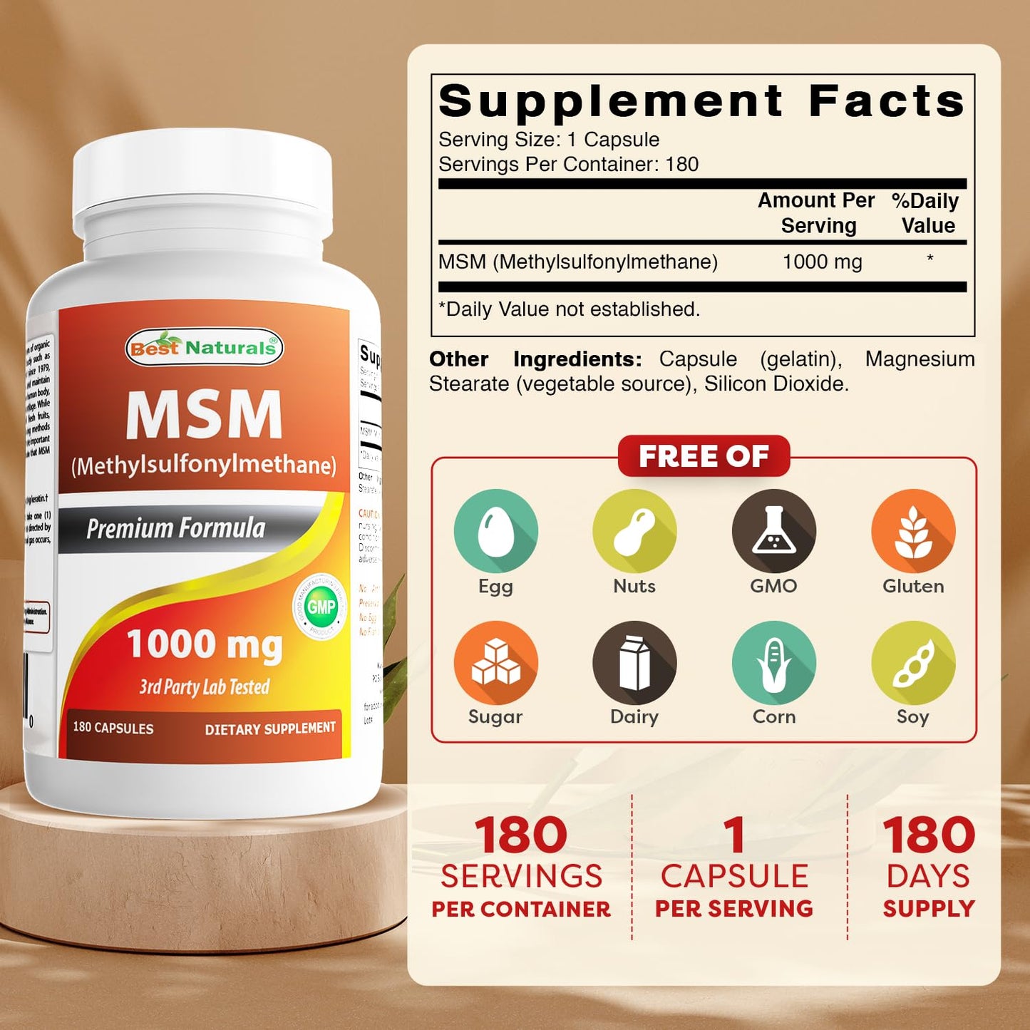 Side angle of Best Naturals MSM 180 capsules bottle displaying dietary supplement facts label.
