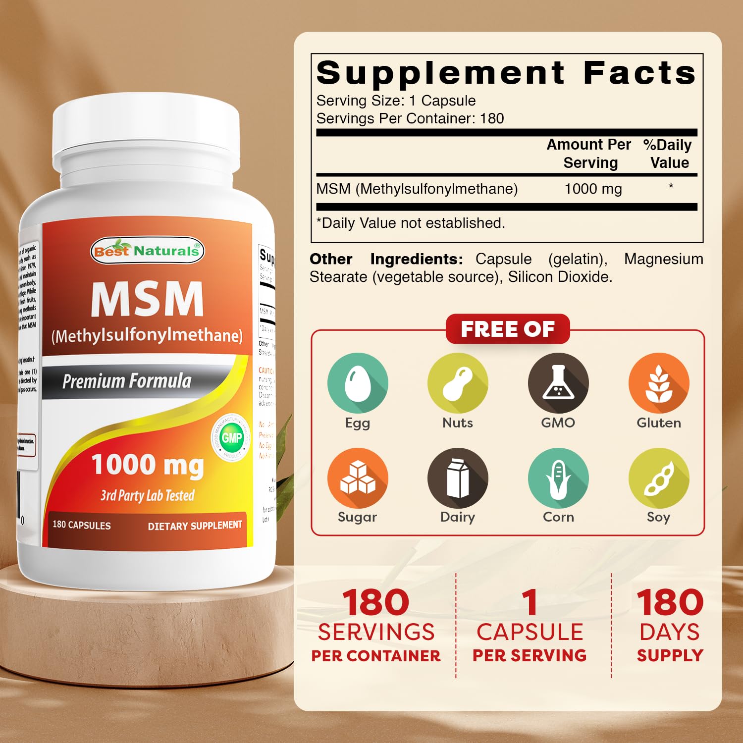 Side angle of Best Naturals MSM 180 capsules bottle displaying dietary supplement facts label.
