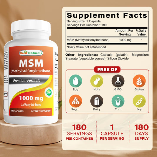 Side angle of Best Naturals MSM 180 capsules bottle displaying dietary supplement facts label.