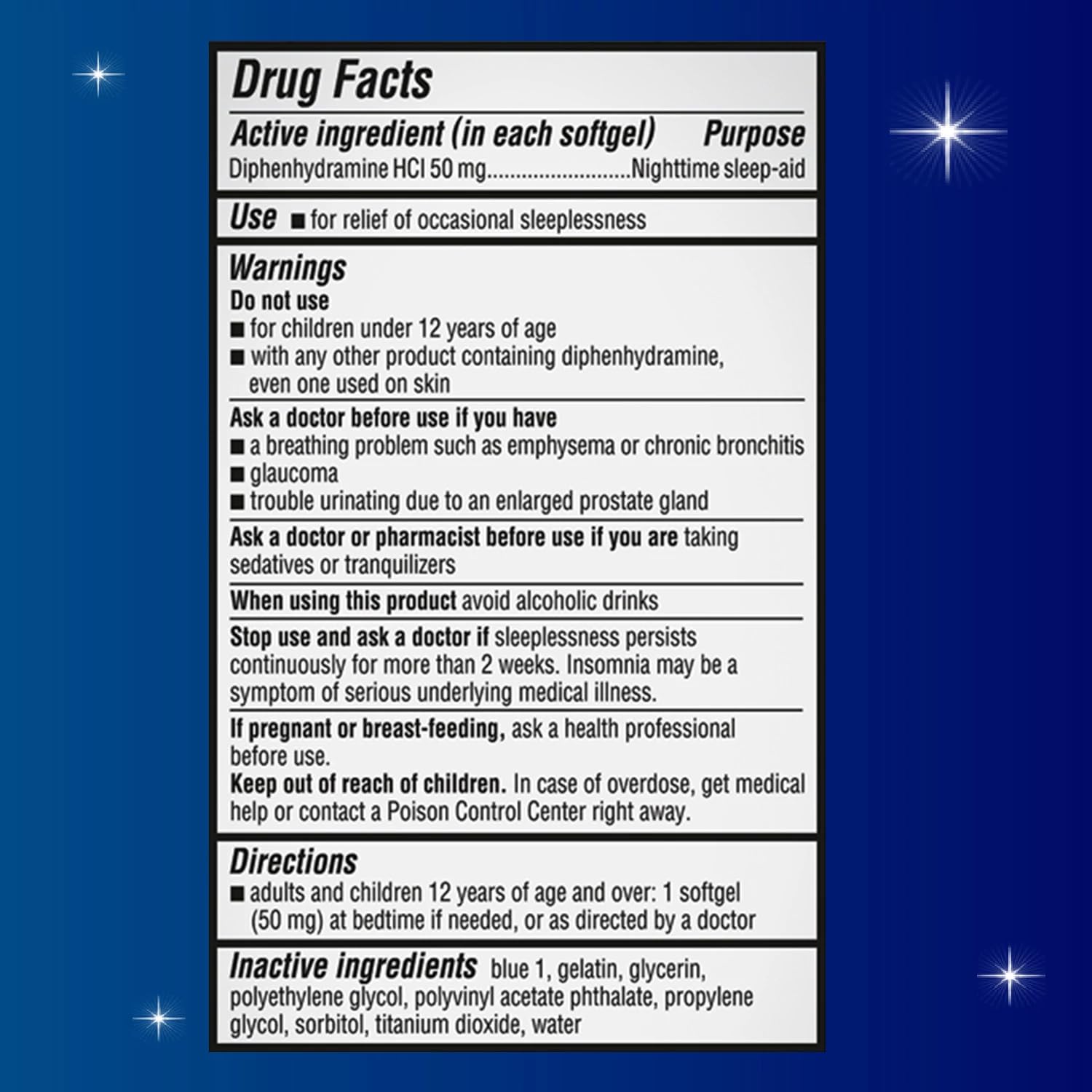 Unisom liquid filled softgels bottle showing clear dosage directions and fifty milligram ingredient facts