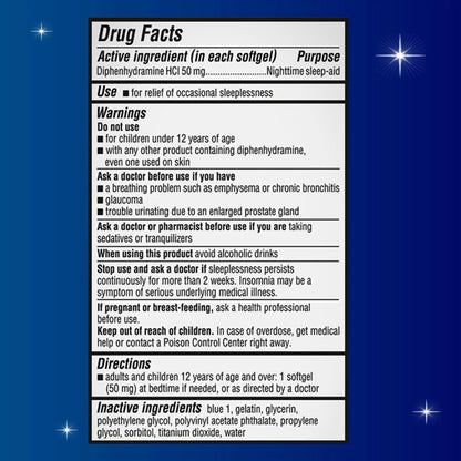 Unisom liquid filled softgels bottle showing clear dosage directions and fifty milligram ingredient facts